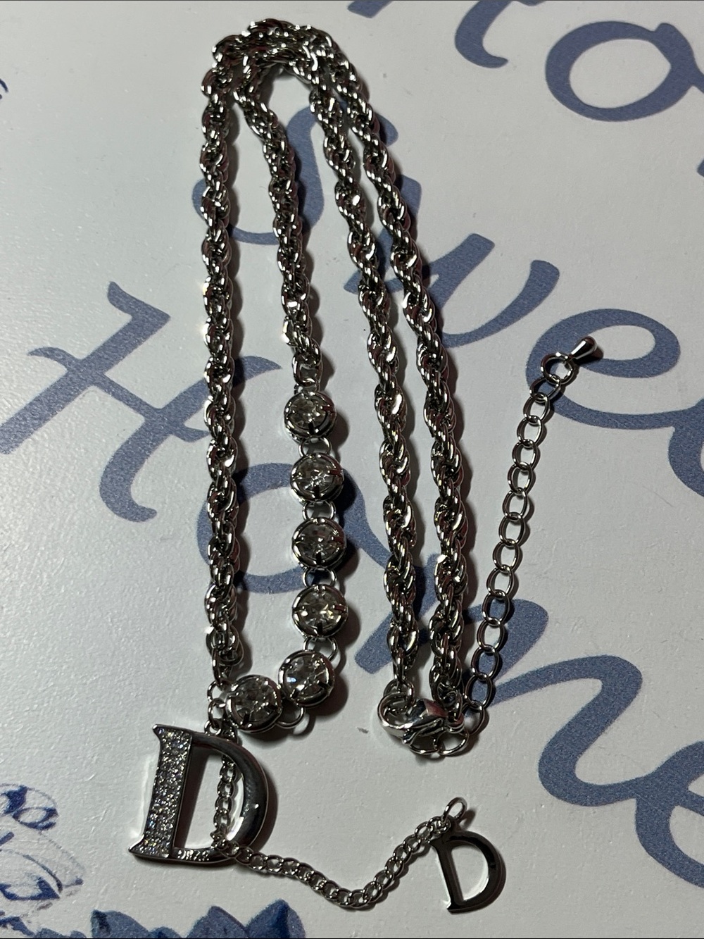 Inspired- Silver Crystal Rope Necklace with 'D' Pendant 12” drop